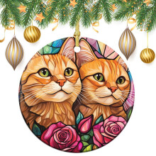 Doppelseitiger 7,6 cm großer Keramik-Weihnachtsschmuck mit zwei orangefarbenen Katzen – Geschenk für Katzenliebhaber, Baumdekoration, passend zu