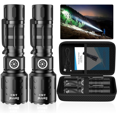 2 Pack Outdoor Camping Rechargeable Flashlights,High Lumens LED Waterproof Flash Light with Memory Function for Camping,Emergency