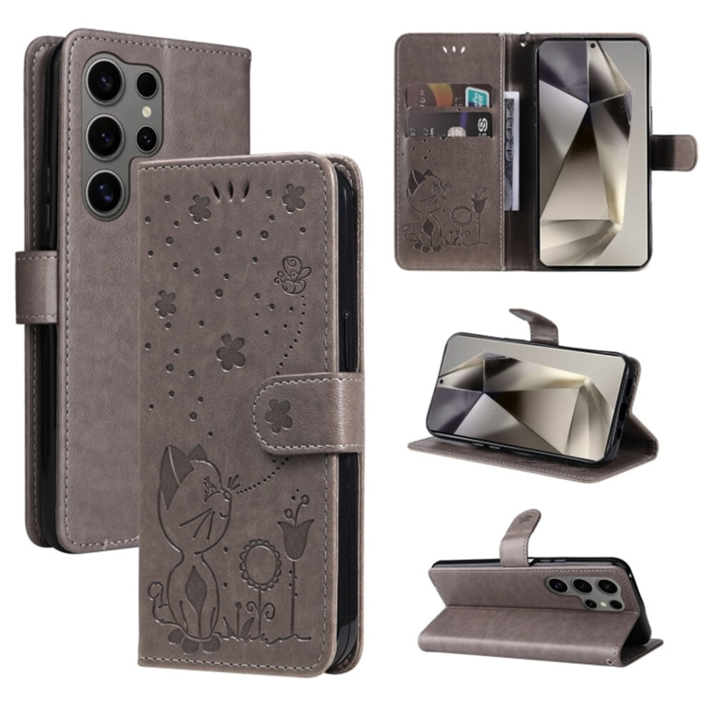 Cat & Bee Patterned Pu Leather Flip Wallet Case With Strong Magnetic Closure & Card Slots, Â Compatible With Samsung Galaxy S25 Ultra 5G 6.9" Grey 9340959346967
