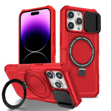 Rode schokbestendige hoes voor iPhone 14 Pro 6,1 inch: verschuifbare cameraklep, MagSafe-compatibel, verborgen standaard en ringhouder