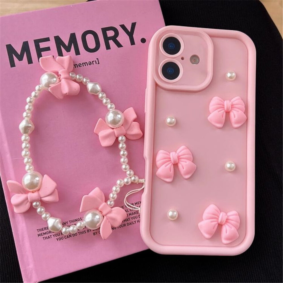 For Compatible With Iphone 16 Case Soft Silicone Shockproof 3D Bow, Pearl With Bead Wristband Cover Case,Pink,For Compatible With Iphone 16 White 9009879199885