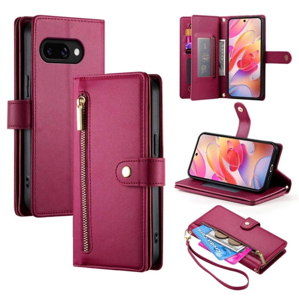 Leather Wallet Case For Samsung Galaxy A26 5G / A16 / A17 4G (6.7"), Multi-Card Slots, Zipper Pocket, Lanyard Strap, Wristlet Red 9340959346356