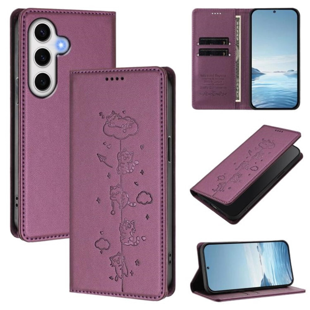 Leather Flip Wallet Case For Samsung Galaxy S23 Fe 5G Â Rfid Blocking, Playful Cats Embossed, Magnetic Closure, Card Holder, Violet 9340959346028