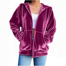 Felpa con cappuccio e zip da donna in velluto, tinta unita, chiusura a zip integrale, con cappuccio, tasche, maniche lunghe, taglie S-XXL, felpa