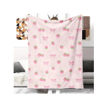 Soft Pink Strawberry Bowknot 3D Flannel Blanket, 250–300gsm Polyester, Machine Washable, All-Season, for Bed/Sofa/Office, Unisex Gift – Compatible