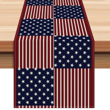 Caminho de mesa para o 4 de julho, 33 x 183 cm, em algodão e linho com estrelas e listras, decoração patriótica vermelha, branca e azul para o