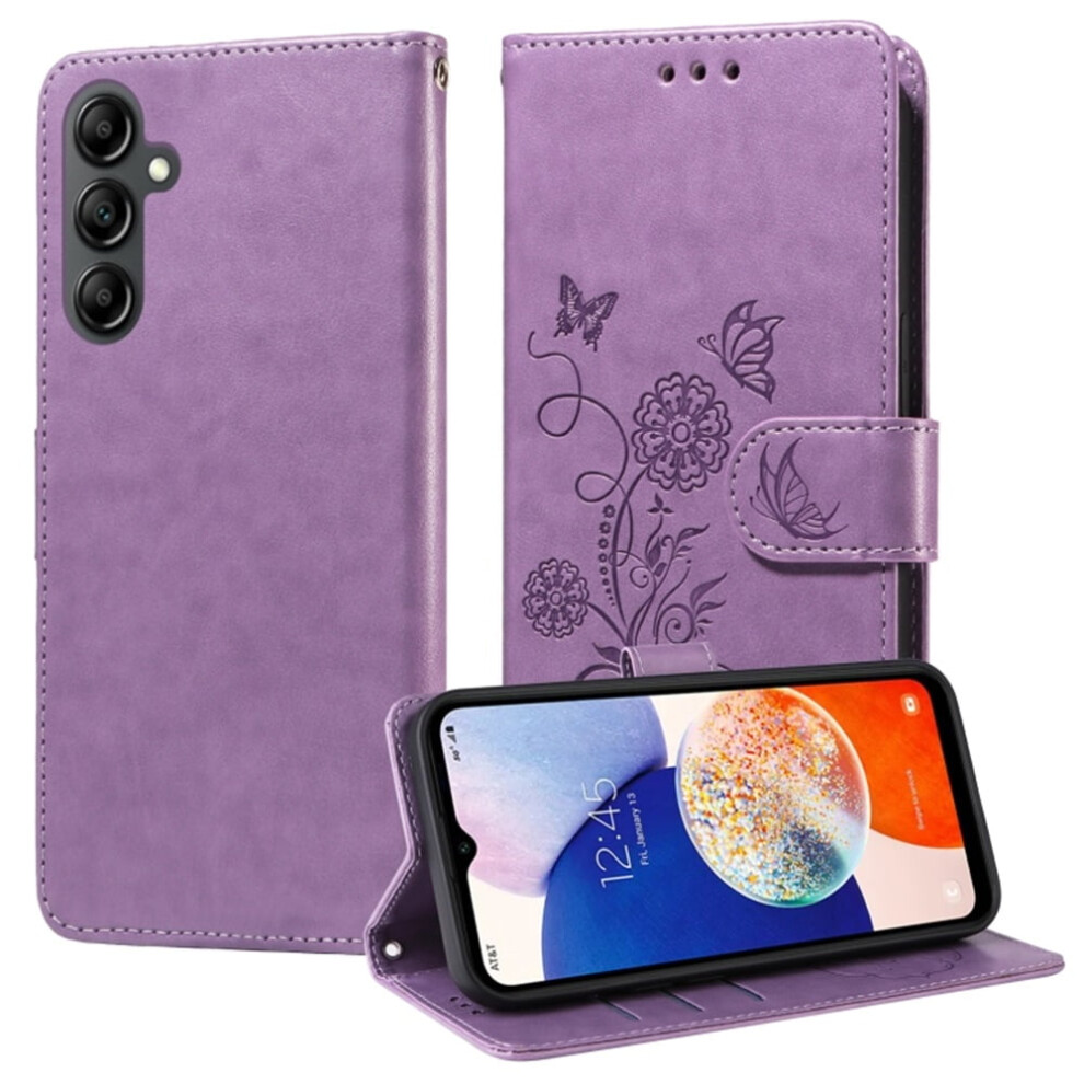 Embossed Butterfly Flower Flip Case For Samsung Galaxy A14 4G/5G Â Shockproof, Kickstand, Card & Cash Slots Purple 9482828636516