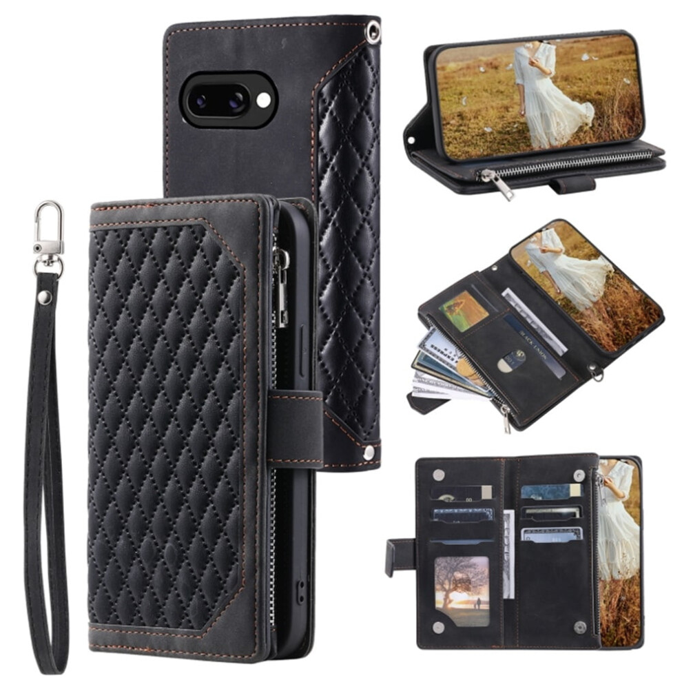 Case For Google Pixel 9A Checkered With 6-Card Slots Holder Kickstand Wrist Strap Lanyard Zipper Pu Leather Flip Wallet Case,,For Pixel 9A Black 9482828636493