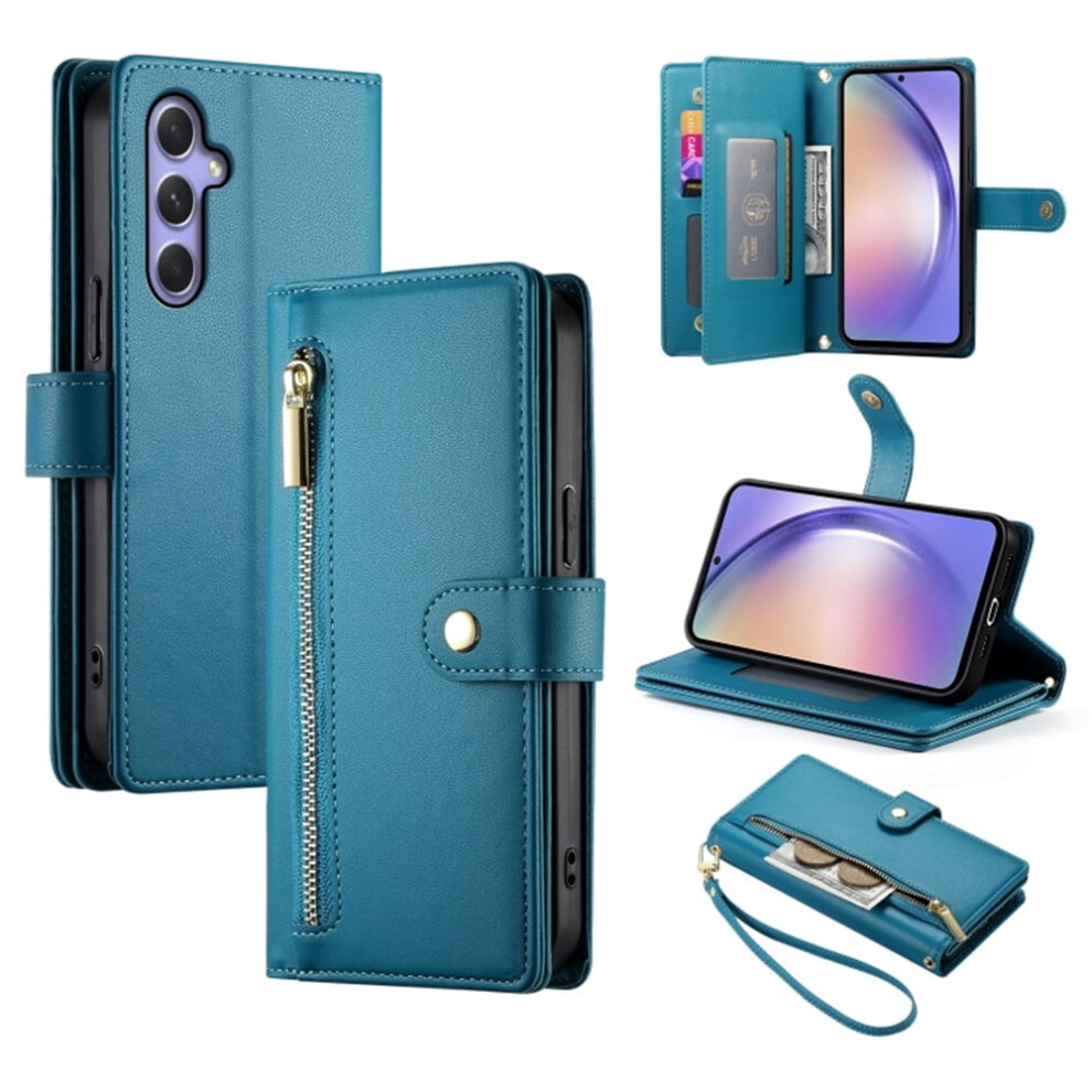 Compatible With Samsung Galaxy A54 5G 6.4" Wallet Case Â Leather, Multi-Card Slots, Zipper Pocket, Lanyard & Wristlet Blue 9340959347551