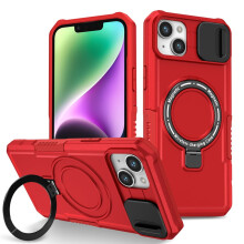 Rode schokbestendige hoes voor iPhone 15 (6,1 inch) met schuifbare cameraklep, MagSafe-compatibel, verborgen standaard en ringhouder.