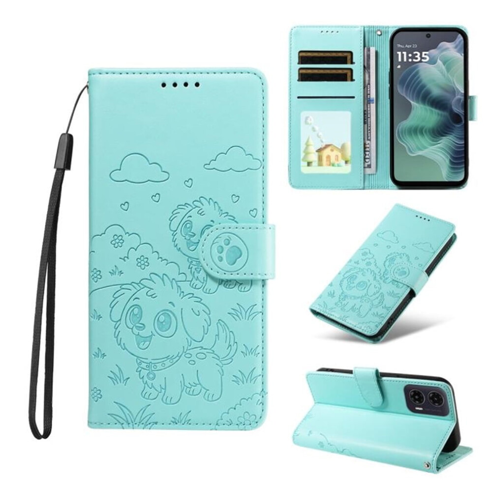 Leather Dog-Embossed Flip Case For Motorola Moto G35 5G Â Rfid Wallet, Magnetic Clasp, Lanyard & Stand Green 9340959347674