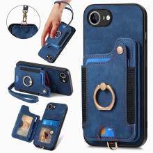 iPhone 16e portemonneehoesje – Flipfolio van PU-leer met RFID-blokkering, ringhouder, standaard, polsbandje en magnetische sluiting – Blauw