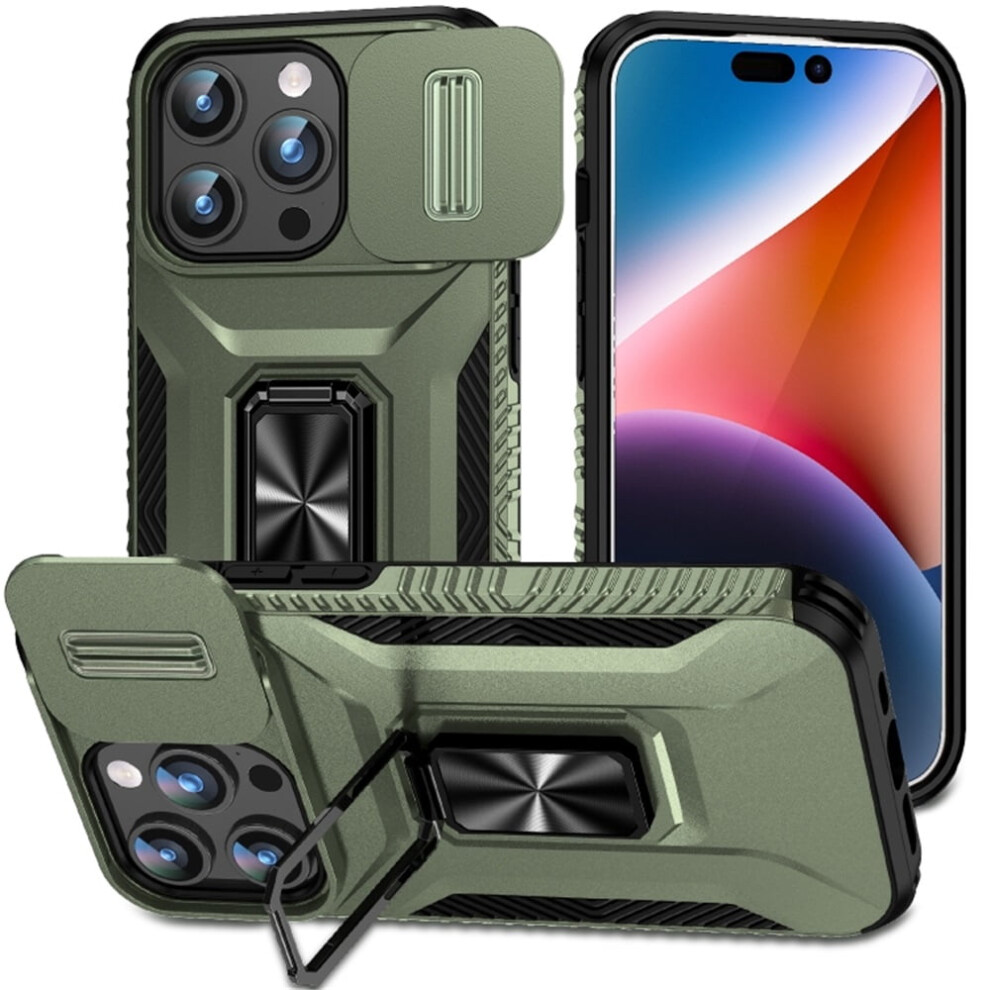 Slim Shockproof Hybrid Case For Iphone 15 Pro Max: Slide Camera Cover, Rotated Ring Kickstand, Military-Grade, Alpine Green 9340959348930