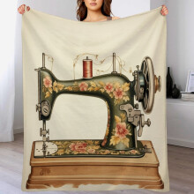 Plaid vintage en velours-flanelle, motif machine à coudre, 127 x 152 cm, ultra doux, idéal pour décorer un salon ou un canapé.