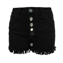 Pantaloncini di jeans da donna, casual estivi, a vita alta, con bottoni, orlo sfrangiato, in denim nero, taglia XL