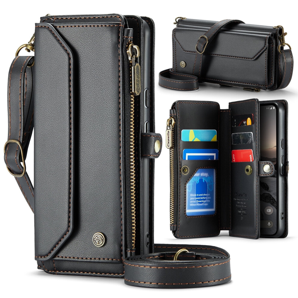Shieldplus Wallet Case For Google Pixel 9 / Pixel 9 Pro (2024), Rfid Blocking, Pu Leather Magnetic Flip With Zipper Strap, Black 9340959350179