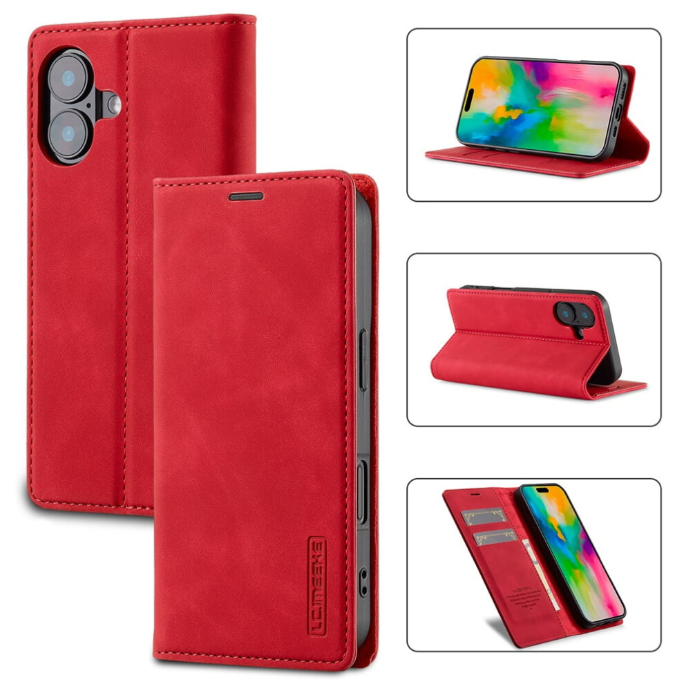 Lc.imeeke Leather Flip Wallet Case For Compatible With Iphone 16 Â Magnetic, Shockproof, Kickstand, Card Holder, Red 9340959350551