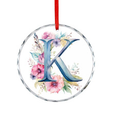 Floral Watercolor Letter K Glass Christmas Ornament