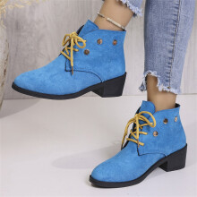 Women's lace-up ankle boots blue pointed toe mid heel