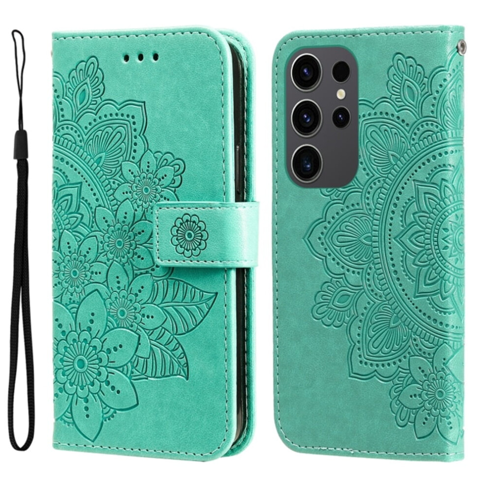 Compatible With Samsung Galaxy S24 Ultra 6.8" Â Pu Leather Flip Wallet Case With Magnetic Closure, Card Slots, Hanging Rope & Seven Petal Green 9340959350254
