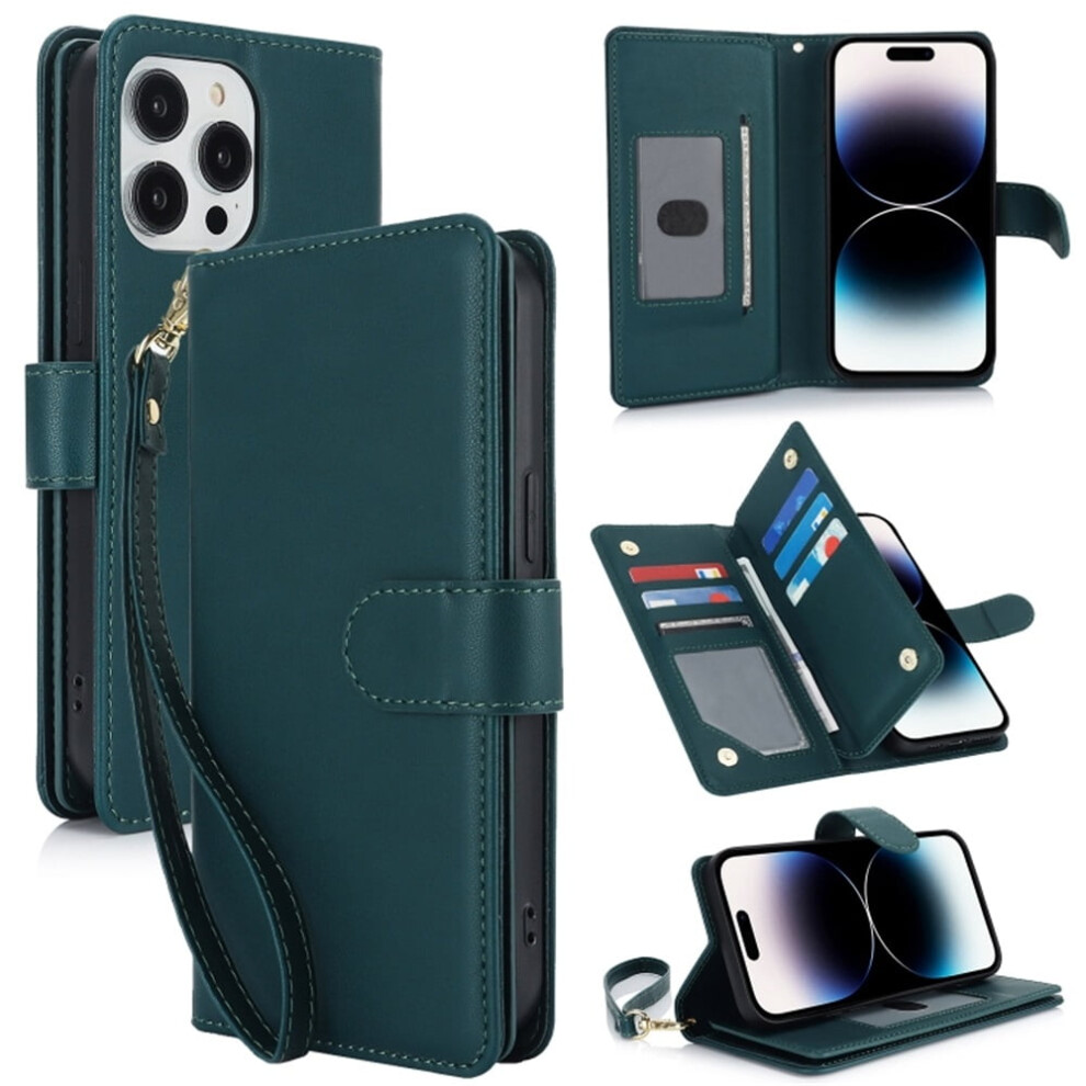 Leather Magnetic Flip Wallet Case For Iphone 14 Pro Max 6.7": Rfid Blocking, Card Slots, Kickstand, Anti-Drop Tpu, Detachable Wrist Strap, Green 9009879198901