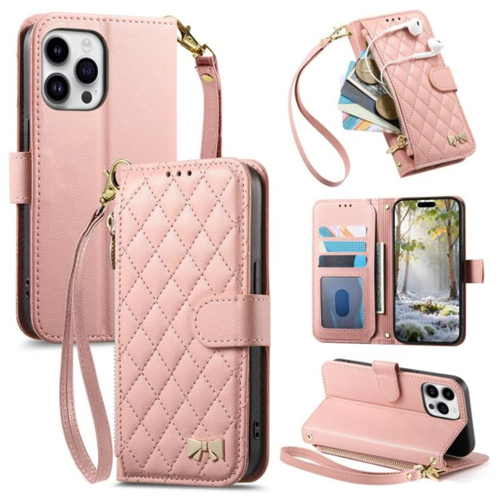 Pu Leather Bowknot Magnetic Flip Wallet Case For Iphone 16 ProâShockproof, With Card Slots, Zipper Pocket, Detachable Wrist Strap, Pink 9009879202035