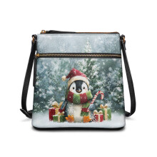 Vandtæt crossbody-taske med julepingvintræprint til kvinder – lille skoletaske med justerbar bred rem, kompatibel med daglig brug og shopping