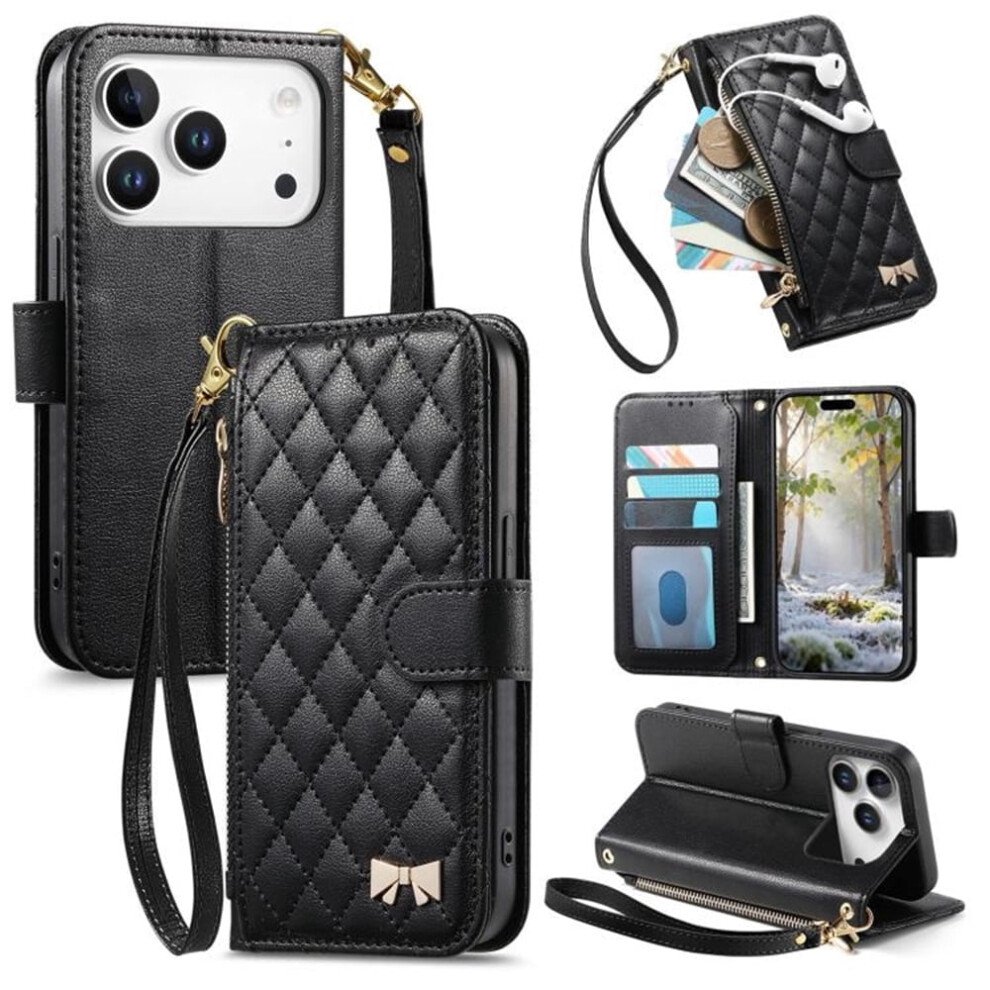 Pu Leather Bowknot Magnetic Flip Wallet Case For Iphone 17 Pro MaxâShockproof, With Card Slots, Zipper Pocket & Detachable Wrist Strap, Black 9482828640704