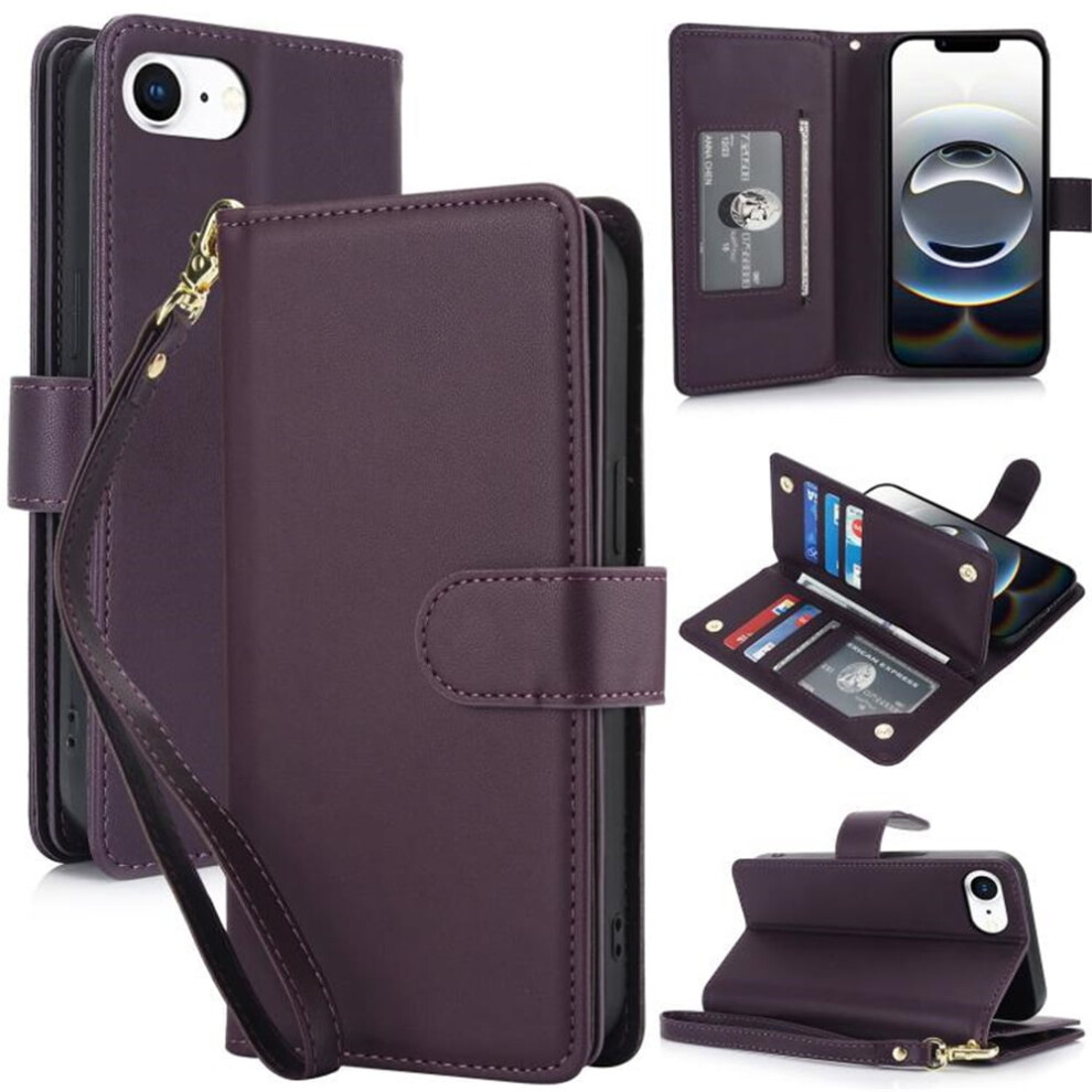Leather Magnetic Flip Wallet Case For Iphone 16E 6.1": Rfid Blocking, Card Slots, Kickstand, Anti-Drop Tpu, Detachable Wrist Strap, Dark Purple 9482828638336
