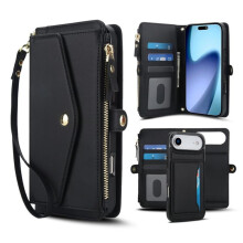 RFID Blocking 2-in-1 PU Leather Wallet Case for iPhone Air: Magnetic Flip, Multi-Card Slots, Zipper Pocket, Detachable Shoulder & Wrist Straps, Black