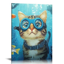 Tableau mural sur toile représentant un chat plongeur (30 x 40 cm)