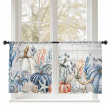 Sheer Curtains 54" Long, White Coastal Style with Starfish/Shell/Corals, Light Filtering, Rod Pocket, 2 Panels (52"W x 54"L)