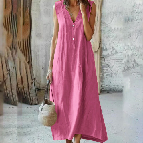 Γυναικείο Φόρεμα Μάξι με V-Neck, Βαμβακερό και Λινό, Ροζ M