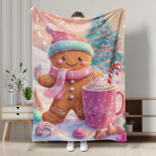 Fluffy Pink Gingerbread Man Christmas Throw Blanket – Soft Flannel Comfort Blanket for Living Room & Bedroom, Compatible with Holiday Decor