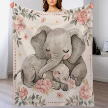 Schattige plaid met baby- en moederolifant, 50"x60", zacht en warm pluche flanel, kleurrijk bloemenpatroon – geschikt voor winterbeddengoed en