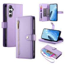 Paarse leren portemonneehoes voor Samsung Galaxy M35 (6,6 inch), meerdere kaartsleuven, ritsvak, draagkoord en polsbandje – compatibel met Samsung