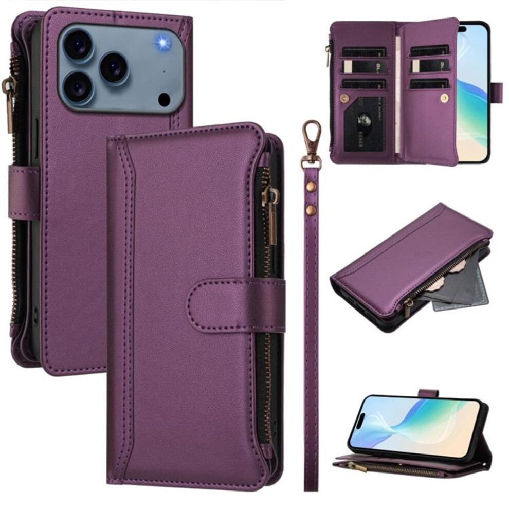 Pu Leather Magnetic Flip Wallet Case For Iphone 17 Pro Maxâ9 Card Slots, Zipper Pocket, Detachable Wrist Strap, Shockproof, Purple 9773935334182