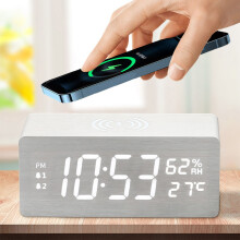 15-W-Holz-Ladegerät mit kabelloser Uhr, Temperatur- und Feuchtigkeitsanzeige, LED-Nachtlicht, intelligentem Wecker und Schnellladefunktion für