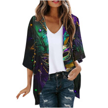 Cardigã Mardi Gras Feminino, Leve, com Glitter, Aberto na Frente, Estampado com Tema de Carnaval