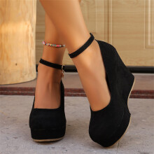 Scarpe con zeppa Willtoo da donna, chiuse, con punta tonda, cinturino alla caviglia, plateau e tacco alto, eleganti, nere