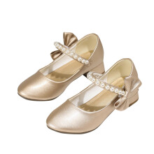Sapatos de festa infantis estilo Mary Jane com salto baixo, floridos, para casamentos e princesas, dourados, para meninas de 7 a 8 anos.