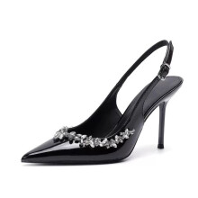 Willtoo Women's Rhinestone-Studded Leather Pointed Toe Pump Heels for Spring Wedding & Party Black