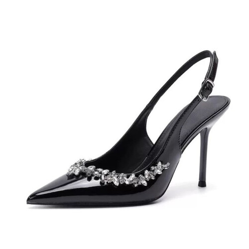 Women's Rhinestone Leather Pointed Toe Pumps Black