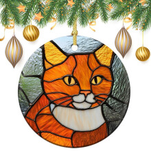 Lustiger Weihnachtsbaumschmuck mit roter Katze, 7,6 cm große, doppelseitige Keramikfigur, niedliches Weihnachtsgeschenk – kompatibel mit allen