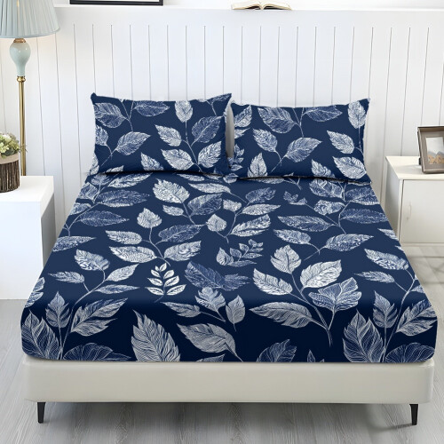 Cooling Sheet Set Navy Blue Leaf Print 3-Piece