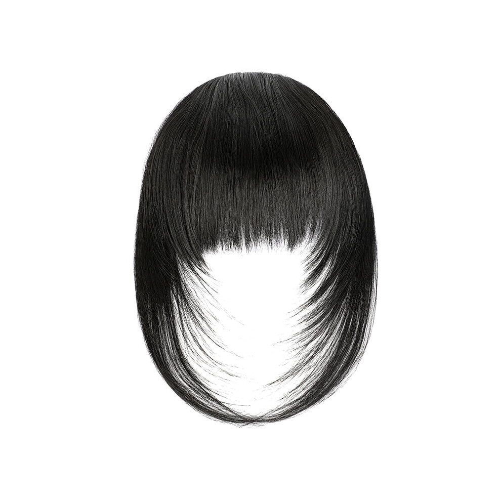 Synthetic Fiber Clip-On French Bangs Extensions for Women, Thick Fringe Hairpieces with Temple Clips, Black, compatible with all hair types