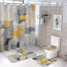 4-teiliges Duschvorhang-Set mit Teppichen, abstraktes gelbes und graues Quadratmuster, wasserdichtes Material, moderne Badezimmerdekoration