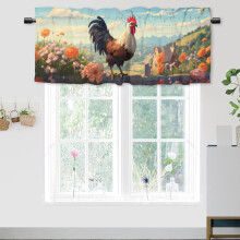 Farmállatos kakas függöny karnis, vintage parasztház stílusú fa istállóvirág mintával, rúdzsebbel, 137x45 cm, 1 panel