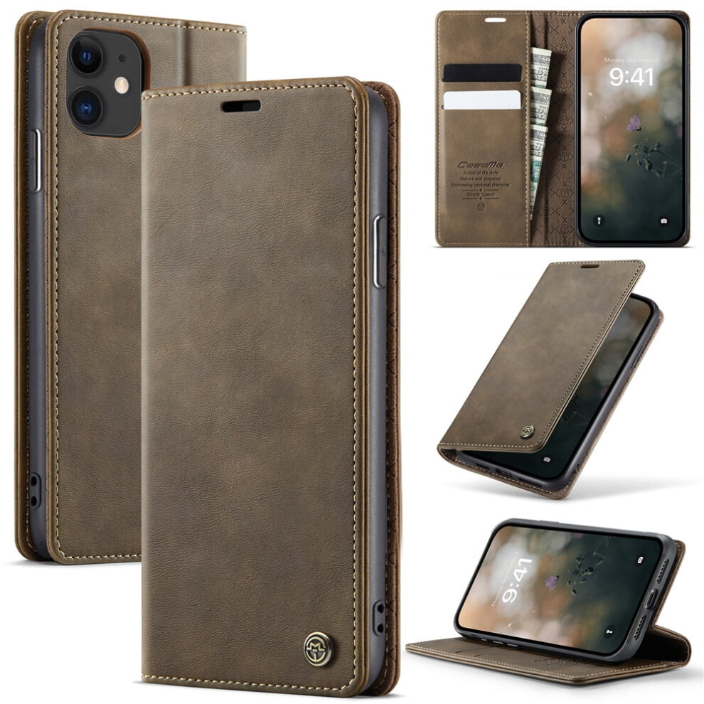Caseme Calf Leather Wallet Case For Iphone 11 6.1", Rfid Blocking, Magnetic Closure, Card/Cash Slots, Kickstand, Shockproof, Brown 9340959352401