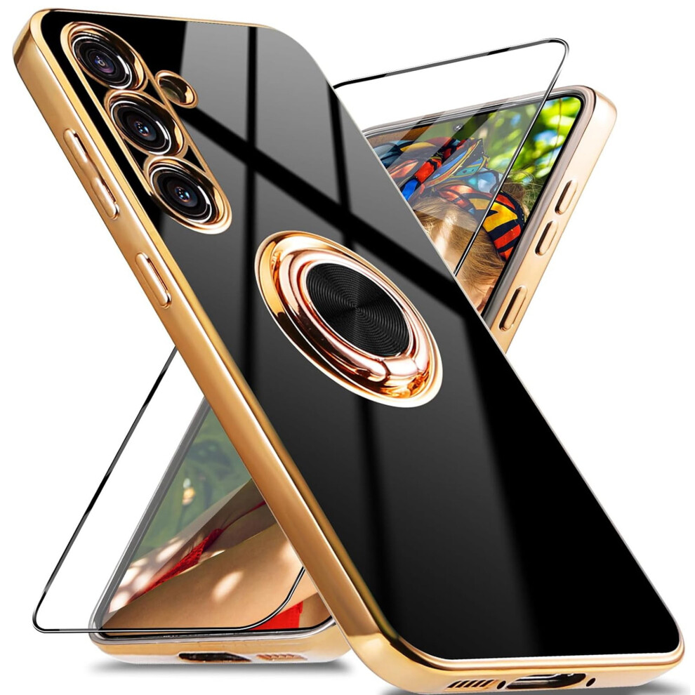 Samsung Galaxy S24 Case With Screen Protector Â 360 Rotating Magnetic Ring Stand, Shockproof Electroplated Luxury Cover, Black 9340959353026